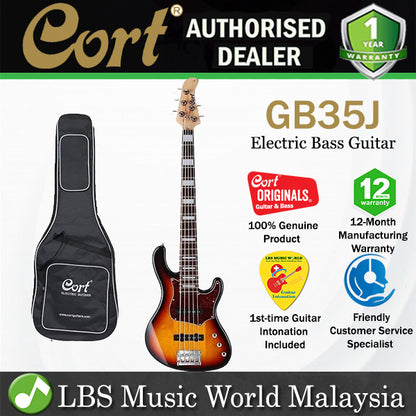 Cort GB35J 5 String Double Cutaway Bolt On Agathis Electric Bass Guitar 3 Tone Sunburst (GB35 J)