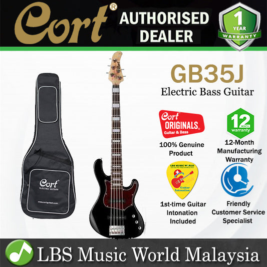 Cort GB35J 5 String Double Cutaway Bolt On Agathis Electric Bass Guitar Black (GB35 J)