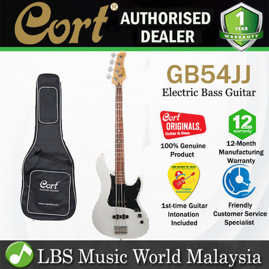 Cort GB54JJ 4 String Double Cutaway Bolt On Alder Electric Bass Guitar Olympic White (GB54 JJ)