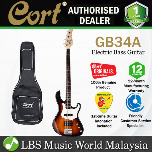Cort GB34A 4 String Double Cutaway Bolt On Agathis Electric Bass Guitar 3 Tone Sunburst (GB34 A)