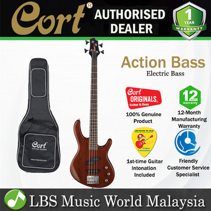 Cort Action Bass 4 String Double Cutaway Bolt On Poplar Walnut Satin Electric Bass Guitar