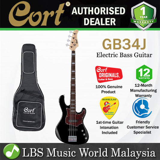 Cort GB34J 4 String Double Cutaway Bolt On Poplar Electric Bass Guitar Black (GB34 J)