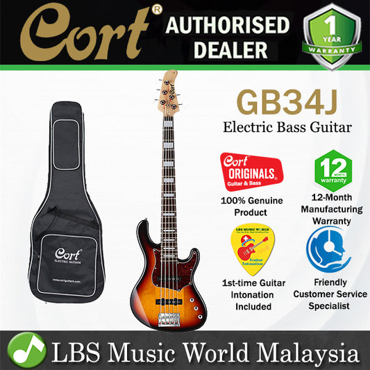 Cort GB34J 4 String Double Cutaway Bolt On Poplar Electric Bass Guitar 3 Tone Sunburst (GB34 J)