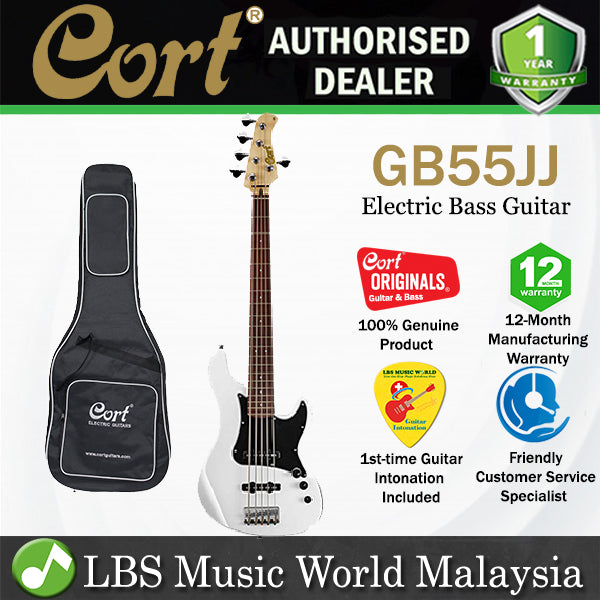 Cort GB55JJ 5 String Double Cutaway Bolt On Alder Electric Bass Guitar Olympic White (GB55 JJ)