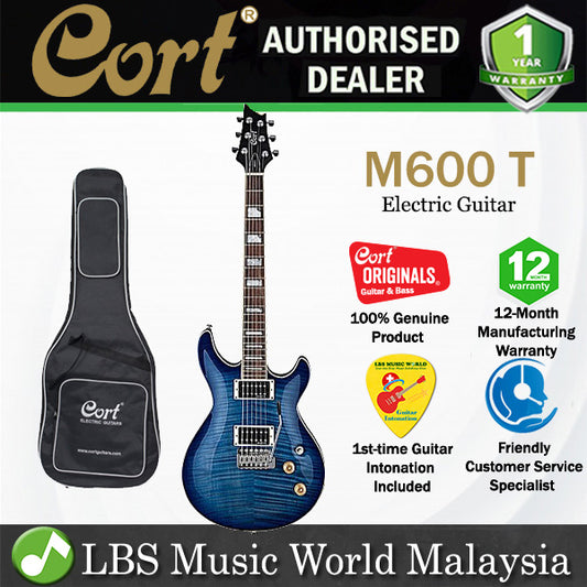 Cort M600 T Double Cutaway Set In Mahogany with Flamed Maple Top Bright Blue Electric Guitar (M600T)