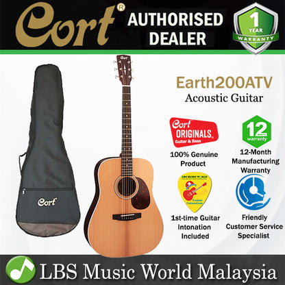 Cort Earth200ATV Dreadnought Torrefied Solid Sitka Spruce Top Acoustic Guitar with Bag (Earth200 ATV)