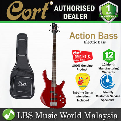 Cort Action Bass 4 String Double Cutaway Bolt On Poplar Red Electric Bass Guitar