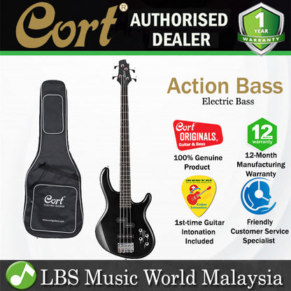 Cort Action Bass 4 String Double Cutaway Bolt On Poplar Black Electric Bass Guitar