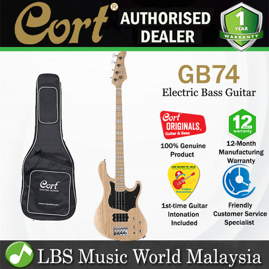 Cort GB74 4 String Double Cutaway Bolt On Swamp Ash Electric Bass Guitar Open Pore Natural (GB 74)