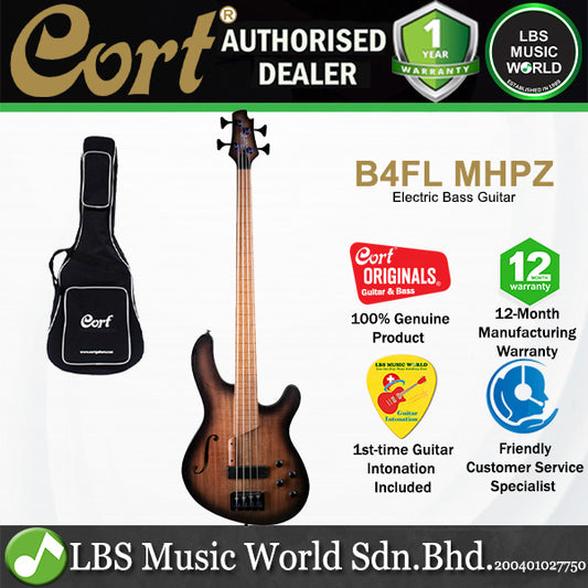 Cort B4FL MHPZ 4 String Mahogany Body Ovangkol Top Electric Bass Guitar - Open Pore Trans Black Burst (B4FLMHPZ)