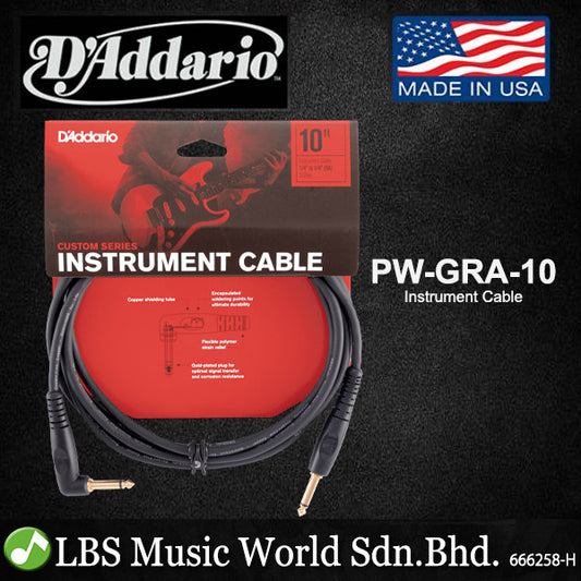D'addario 1/4" to 1/4" Right Angle Custom Series Instrument Cable (PWGRA10 PWGRA20)