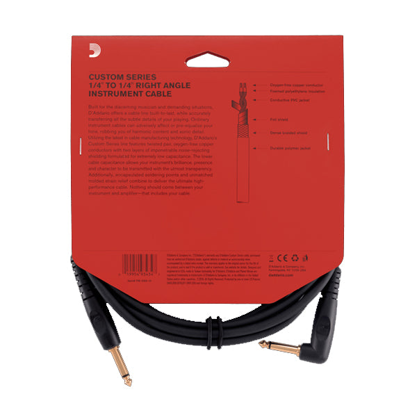 D'addario 1/4" to 1/4" Right Angle Custom Series Instrument Cable (PWGRA10 PWGRA20)