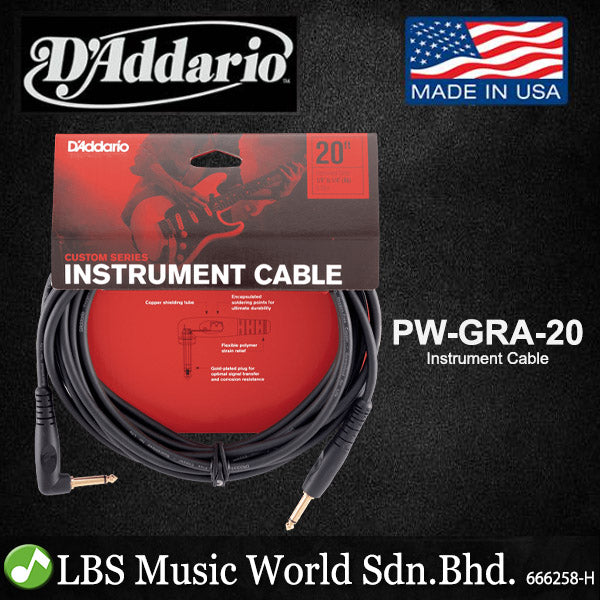 D'addario 1/4" to 1/4" Right Angle Custom Series Instrument Cable (PWGRA10 PWGRA20)