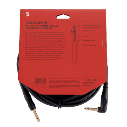 D'addario 1/4" to 1/4" Right Angle Custom Series Instrument Cable (PWGRA10 PWGRA20)