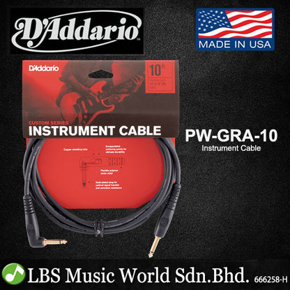 D'addario 1/4" to 1/4" Right Angle Custom Series Instrument Cable (PWGRA10 PWGRA20)