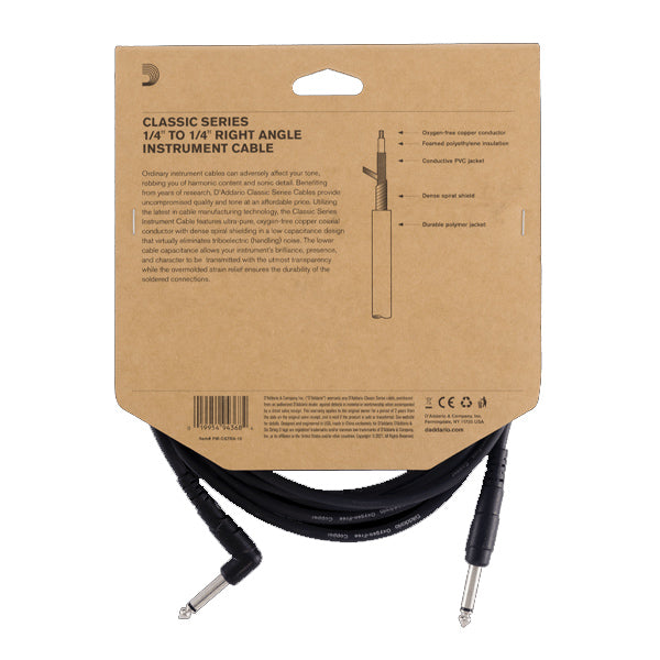 D'addario PW-CGTRA10 1/4" to 1/4" Classic Instrument Cable Right Angle (PWCGTRA10 PWCGTRA20)