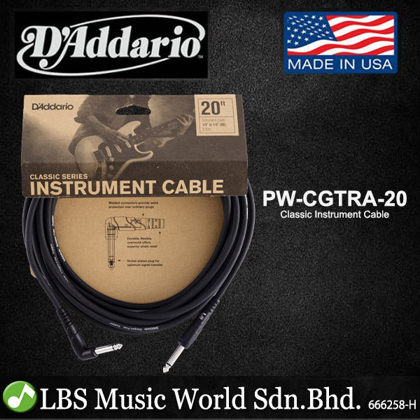 D'addario PW-CGTRA10 1/4" to 1/4" Classic Instrument Cable Right Angle (PWCGTRA10 PWCGTRA20)
