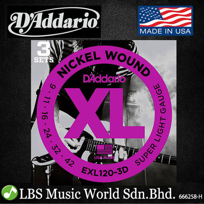 D'Addario EXL120-3D 3 Set EXL120 Super Light Gauge XL Nickel Electric Guitar Strings