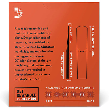 Rico by D'addario Bb Clarinet Reed Loose Pack - 1.5 / 2.0 / 2.5 / 3.0 / 3.5 / 4.0 - Each (Daddario Reeds)
