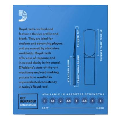 Royal by D'addario Bb Clarinet Reed Loose Pack - 1.0 / 1.5 / 2.0 / 2.5 / 3.0 / 3.5 / 4.0 / 5.0 - Each (Daddario Reeds)