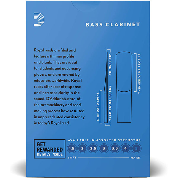 Royal by D'addario Bass Clarinet Reed Loose Pack - 1.5 / 2.0 / 2.5 / 3.0 / 3.5 / 4.0 - Each (Daddario Reeds)