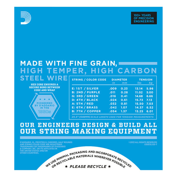 D'addario EXL120 7 String Nickel Wound Super Light Electric Guitar String Daddario D addario (09-54 ) (EXL120-7)