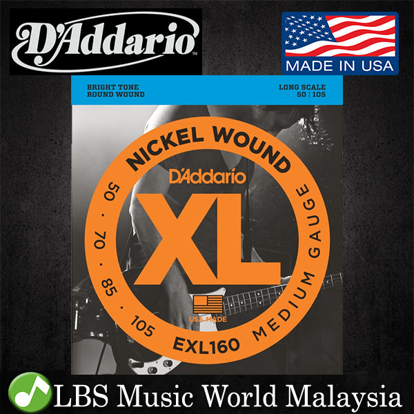 D'addario EXL160 Bass Guitar Strings Nickel Wound Medium Bright Tone Round Wound (50-105)