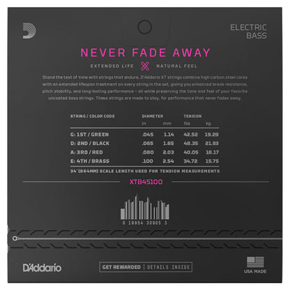 D'Addario XTB45100 XT Nickel Plated Steel Electric Bass Guitar String Daddario D Addario (45-100)