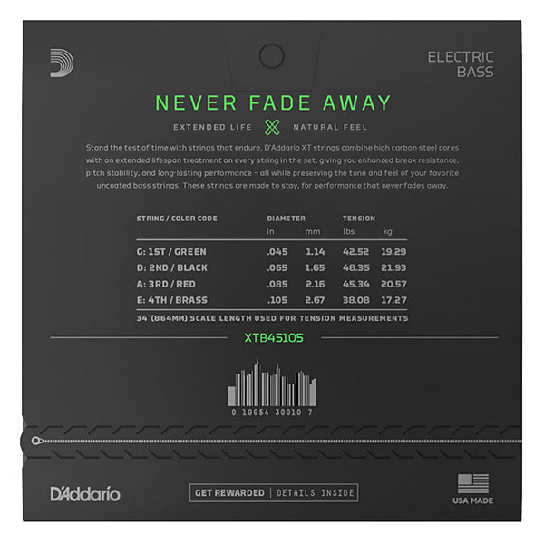 D'Addario XTB45105 XT Nickel Plated Steel Electric Bass Guitar String Daddario D Addario (45-105)