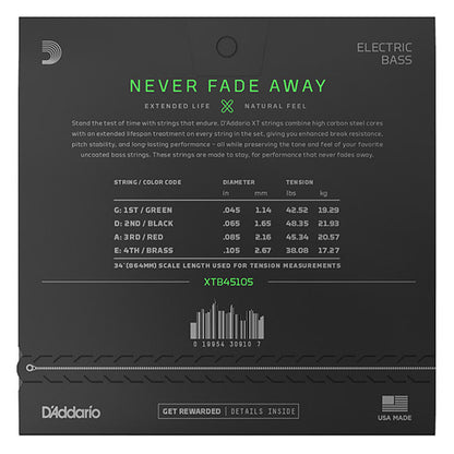 D'Addario XTB45105 XT Nickel Plated Steel Electric Bass Guitar String Daddario D Addario (45-105)