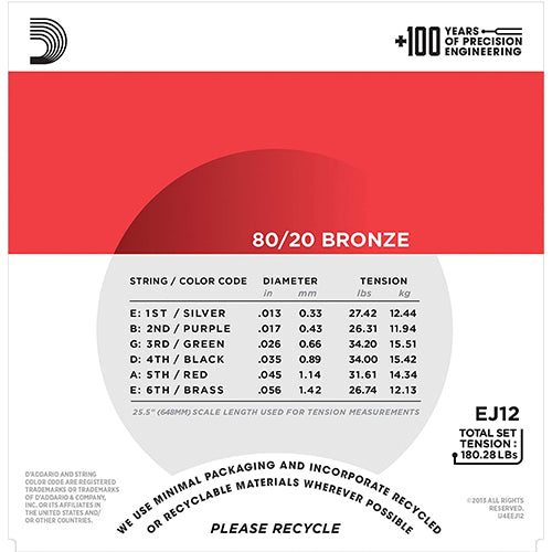 D'addario EJ12 80/20 Bronze Acoustic Guitar Strings 13-56 Daddario D addario (EJ 12)