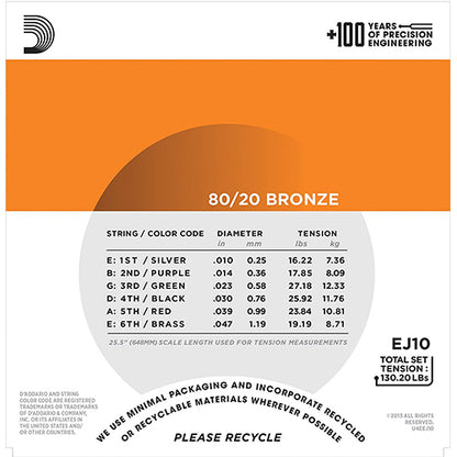 D'addario EJ10 80/20 Bronze Acoustic Guitar Strings 10-47 Daddario D Addario (EJ 10 EJ10E)