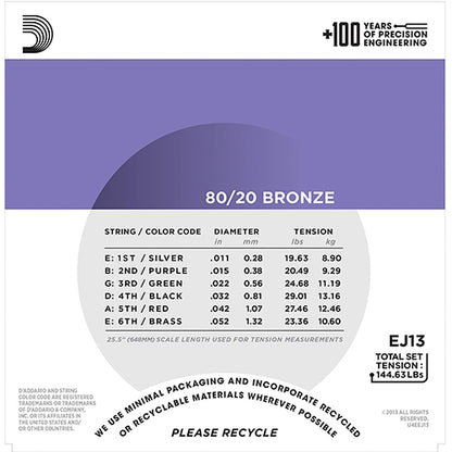D'addario EJ13 80/20 Bronze Acoustic Guitar Strings 11-52 Daddario D addario (EJ 13)