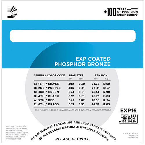 D'addario EXP16 Coated Phosphor Bronze, Light, Daddario Acoustic Guitar Strings (EXP 16)