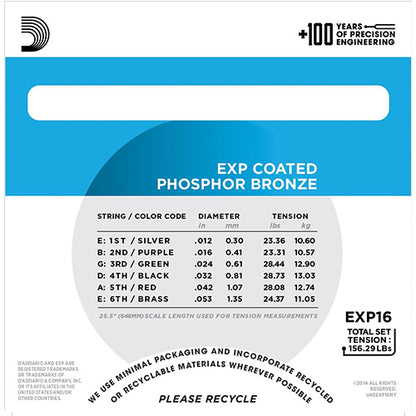 D'addario EXP16 Coated Phosphor Bronze, Light, Daddario Acoustic Guitar Strings (EXP 16)