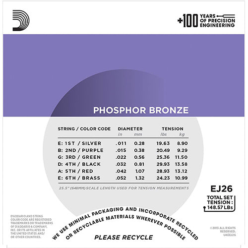 D'addario EJ26 Phosphor Bronze Custom Light  Acoustic Guitar String (11-52)