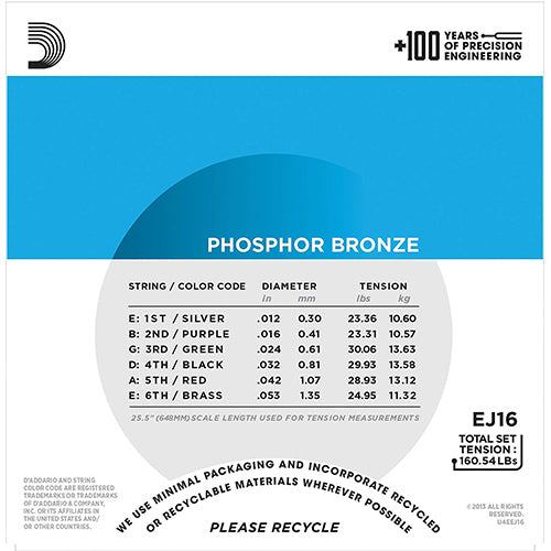 D'addario EJ16 Phosphor Bronze, Light, Acoustic Guitar String 12-53 (EJ 16 EJ16E)