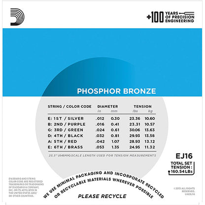D'addario EJ16 Phosphor Bronze, Light, Acoustic Guitar String 12-53 (EJ 16 EJ16E)