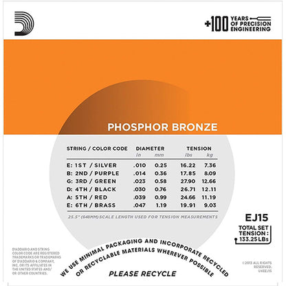 D'addario EJ15 Phosphor Bronze Extra Light Acoustic Guitar String (10-47)