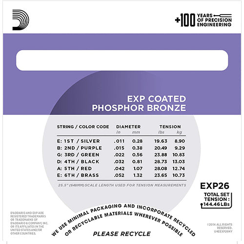 D'addario EXP26 Coated Phosphor Bronze Acoustic Guitar String 11-52 Daddario D addario (EXP 26)