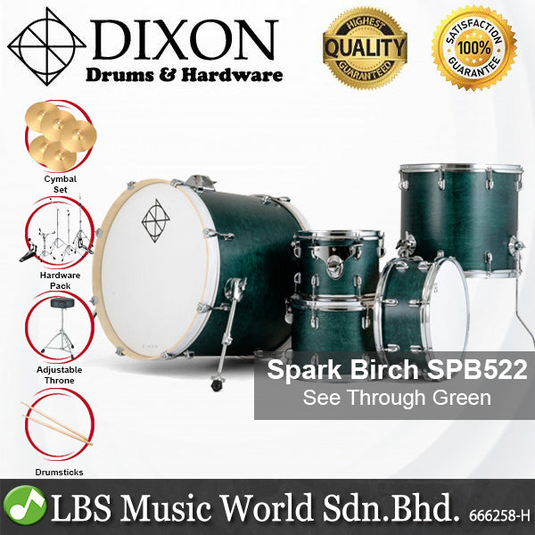 Dixon Spark Birch SPB522STG Drum Set 5 Piece Complete with Hardware See Through Green