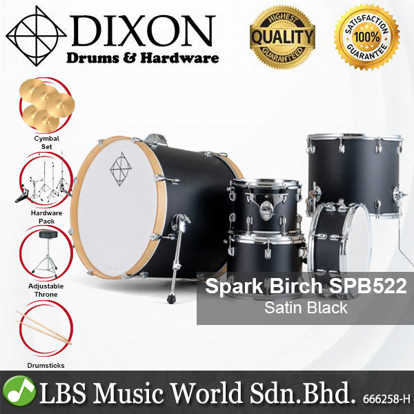 Dixon Spark Birch SPB522SB Drum Set 5 Piece Complete with Hardware Satin Black