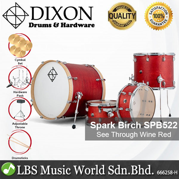 Dixon Spark Birch SPB522STWR Drum Set 5 Piece Complete with Hardware See Through Wine Red