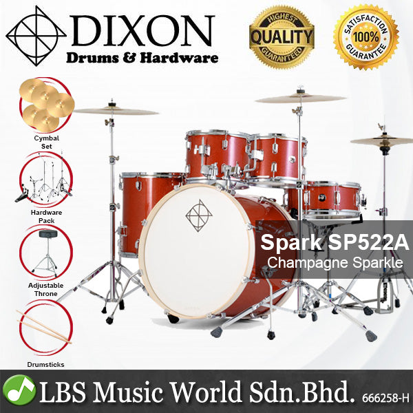 Dixon Spark SP522ACPS Drum Set Complete Standard 5 Piece Drum Kit Bundle Champagne Sparkle