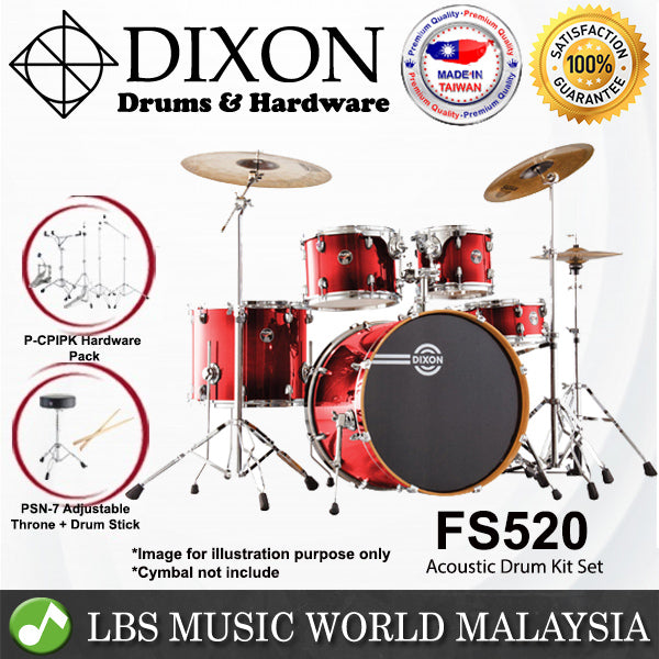 Dixon FS522 FS520 Fuse 5 Pieces Acoustic Drum Kit Set - Candy Red Fade
