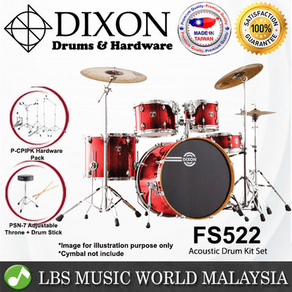 Dixon FS522 FS520 Fuse 5 Pieces Acoustic Drum Kit Set - Candy Red Fade
