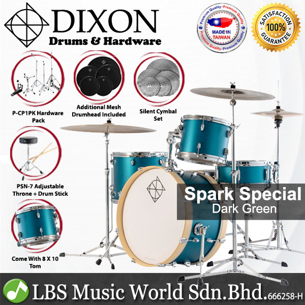 Dixon PODSP522ADG-ML Spark 5 Pieces Acoustic Drum Kit Set Special Edition With 5 Pieces Silent Cymbal Set - Dark Green