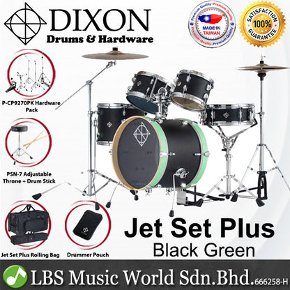 Dixon PODJ516PKBG-WB Jet Set Plus 5 Piece Acoustic Hybrid 2 Side Drum Kit Set with Hardware Pack - Black Green