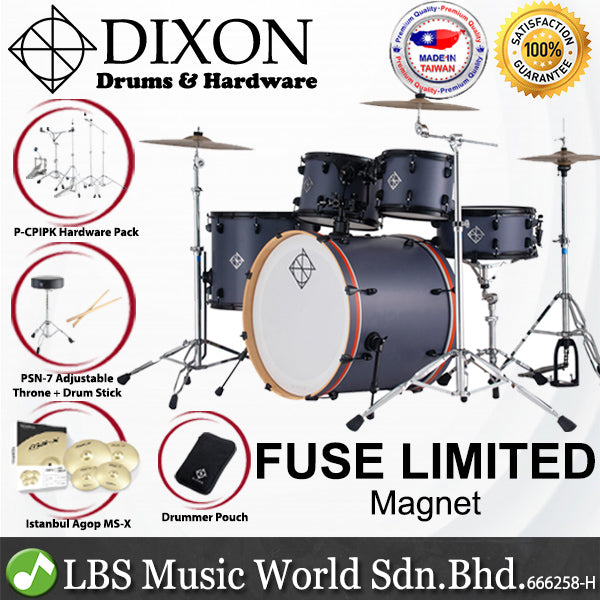 Dixon PODFL522MN Fuse Maple 5 Pieces Acoustic Drum Kit Set With Istanbul Cymbal Set Limited Edition Magnet With Magnet Orange Bass Hoop