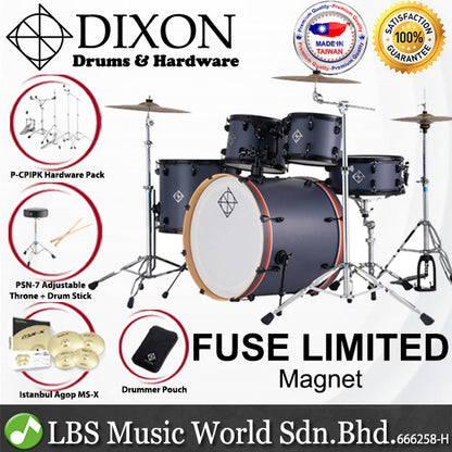 Dixon PODFL522MN Fuse Maple 5 Pieces Acoustic Drum Kit Set With Istanbul Cymbal Set Limited Edition Magnet With Magnet Orange Bass Hoop